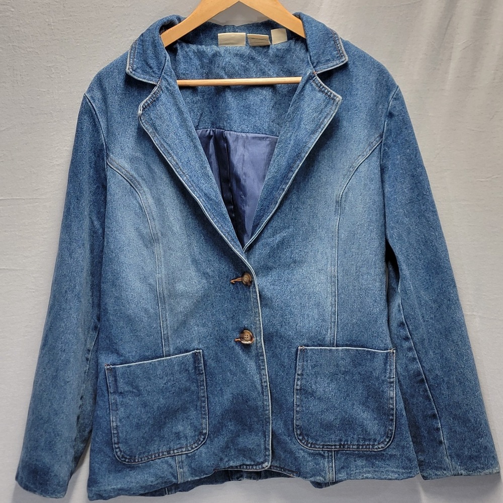 St Johns Bay Denim Blazer Jean Jacket L Women 100% Cotton‎ Button Up
